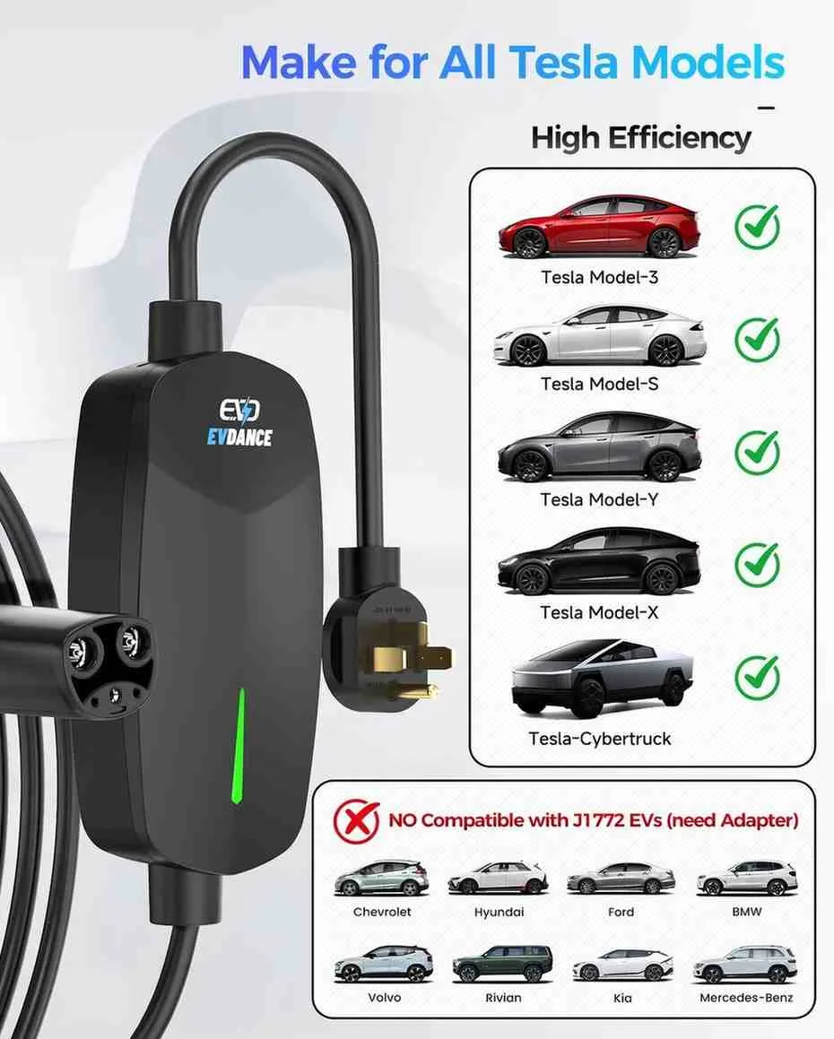 EVDANCE Tesla / NACS დამტენი — 32 A, 7.6 მ კაბელი